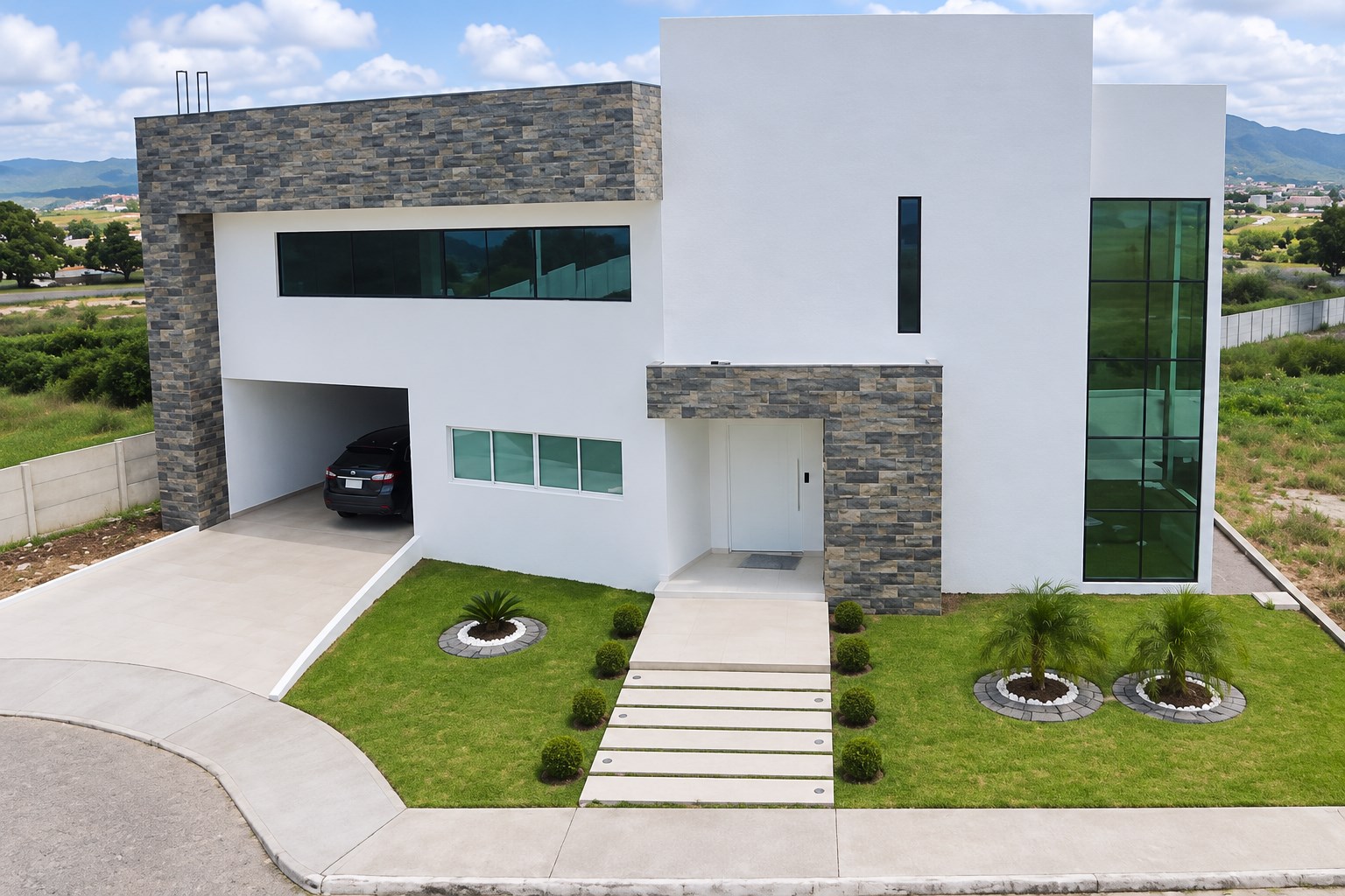 Fachada de residência apresentada como entregue pela JCM, em versão tratada com inteligência artificial a partir da fotografia do acervo